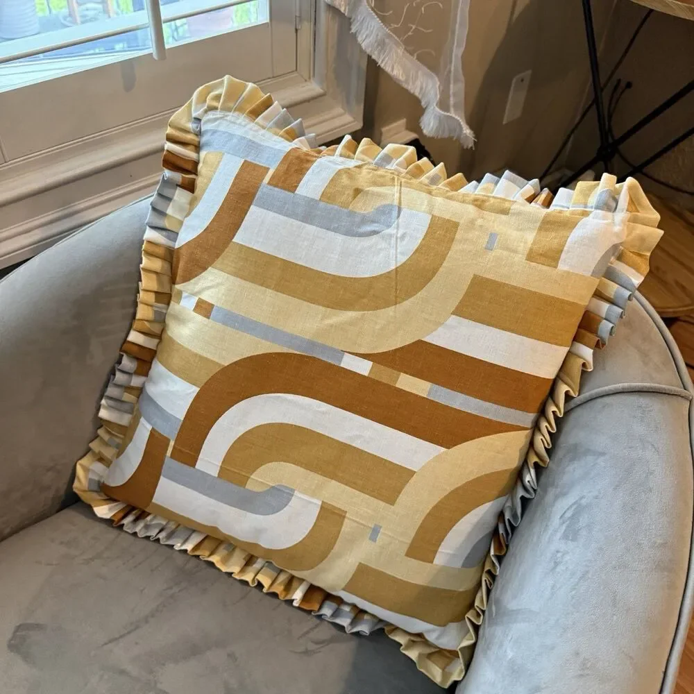 Handmade Set of 2 Throw Pillow Covers 18x18 Geometric Ruffle Trim Hidden Zipper